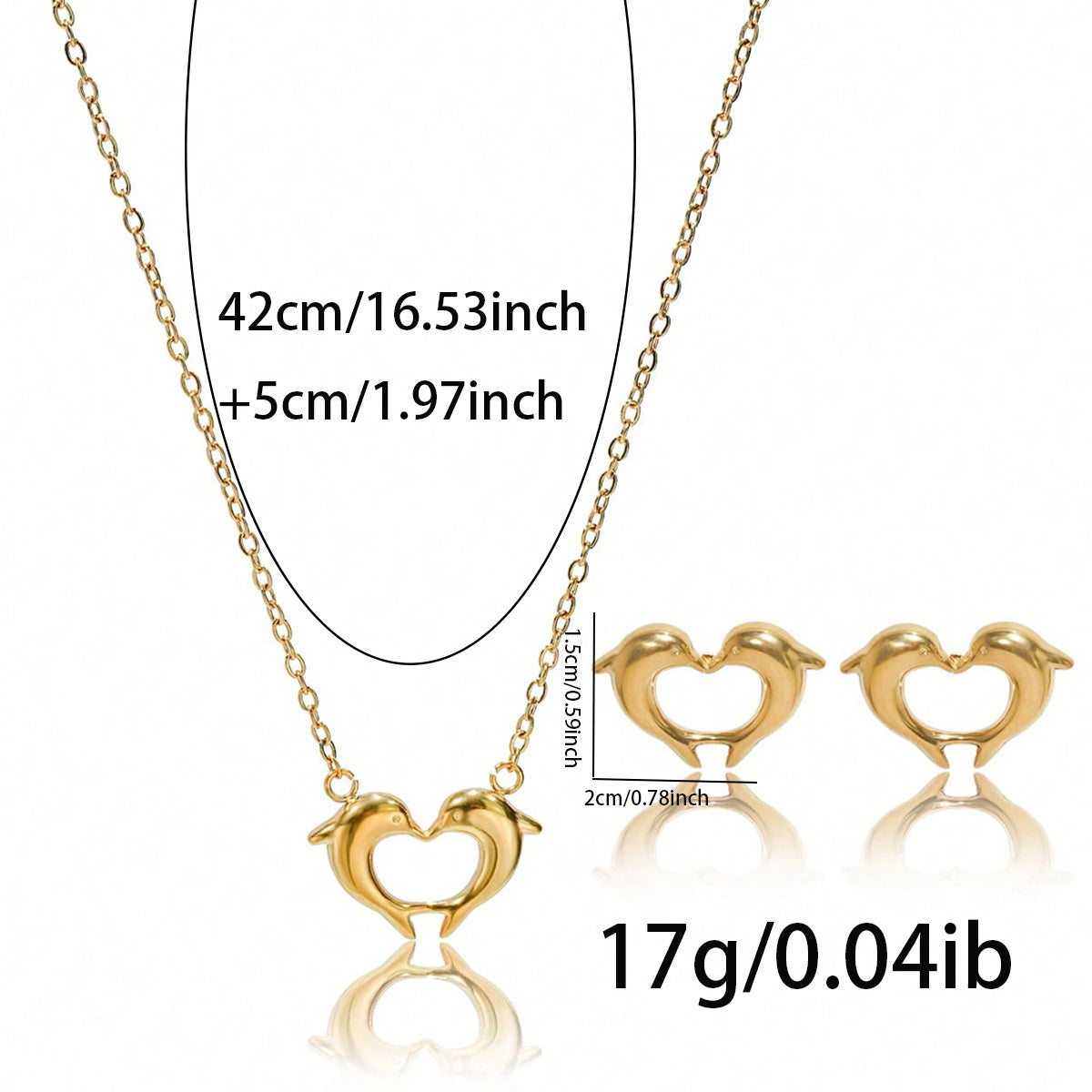 18K Gold Dolphin Heart Necklace & Earring Set – Hypoallergenic Jewelry Gift