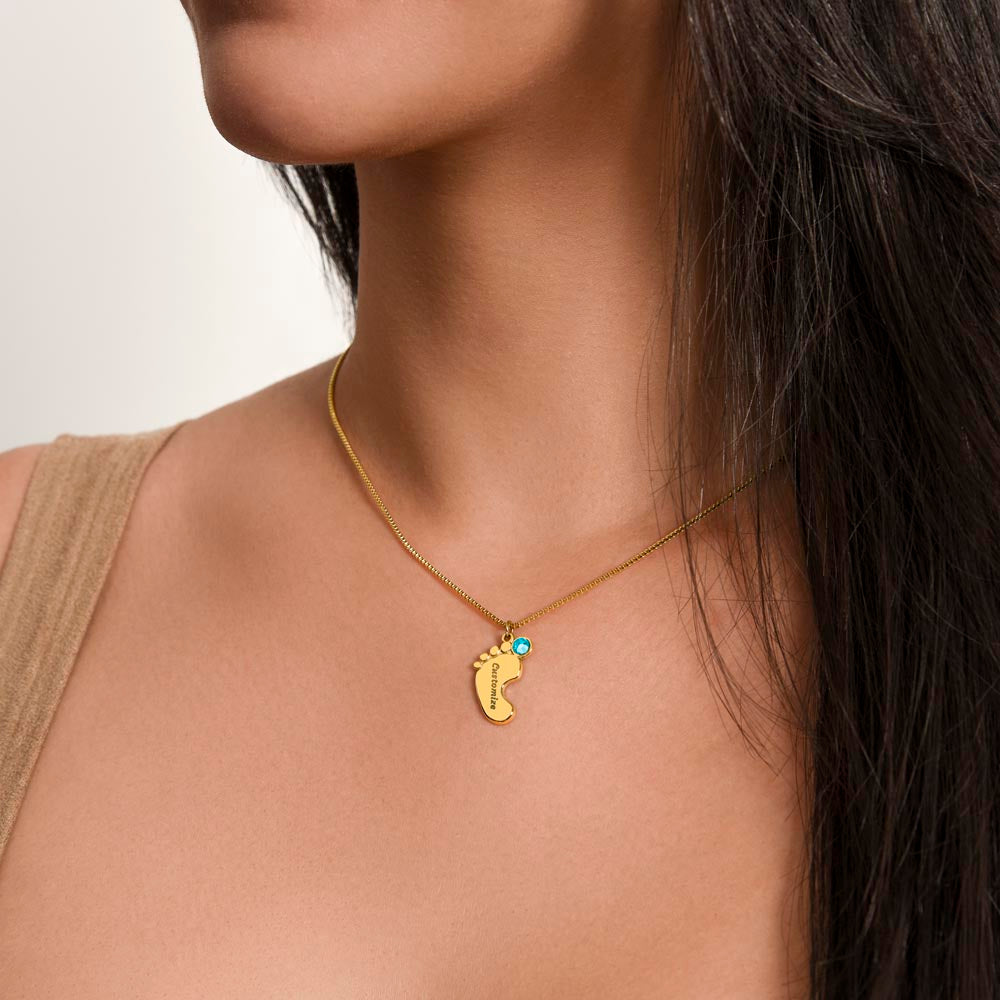Engraved Birthstone Baby Feet Necklace
