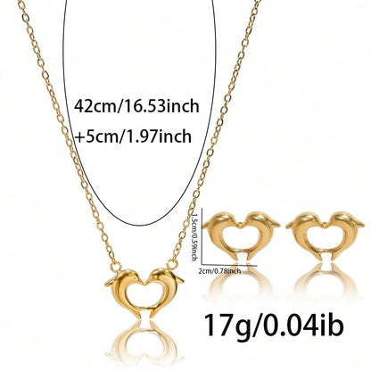 18K Gold Dolphin Heart Necklace & Earring Set – Hypoallergenic Jewelry Gift