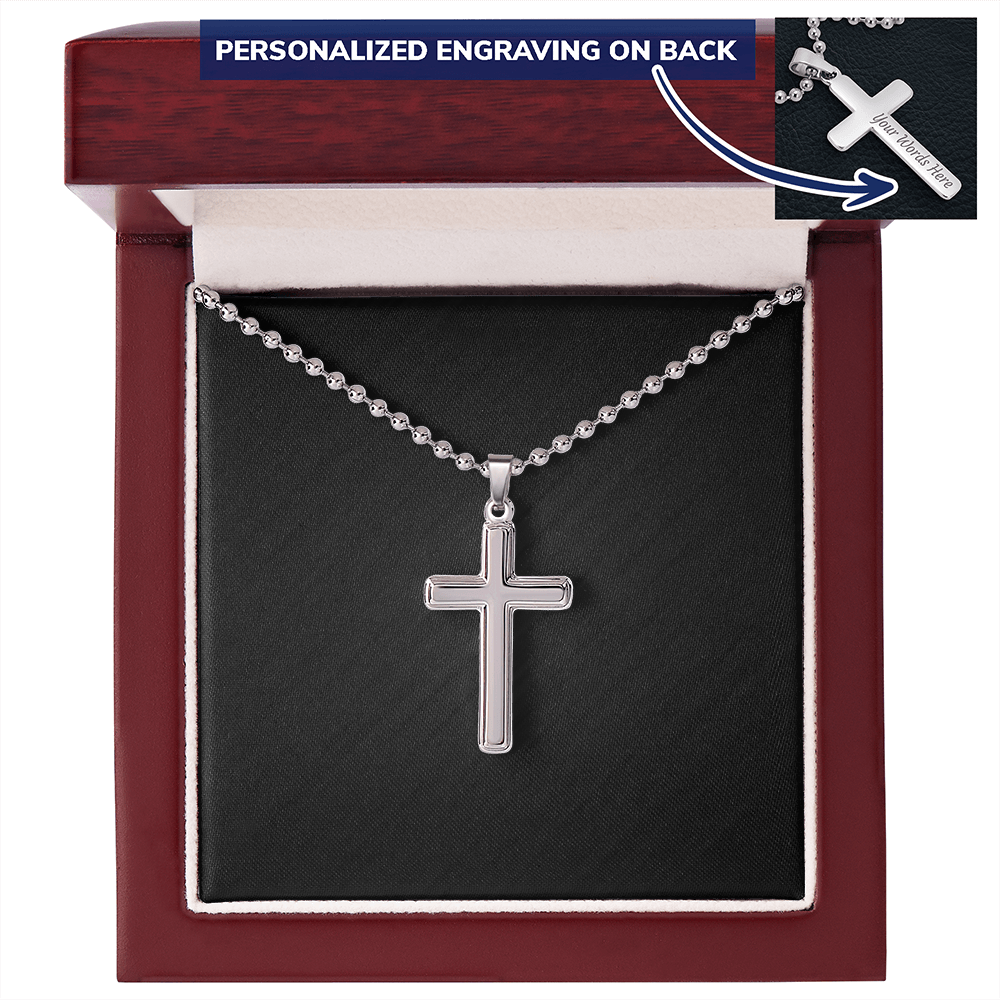Engraved Cross Necklace with Ball Chain