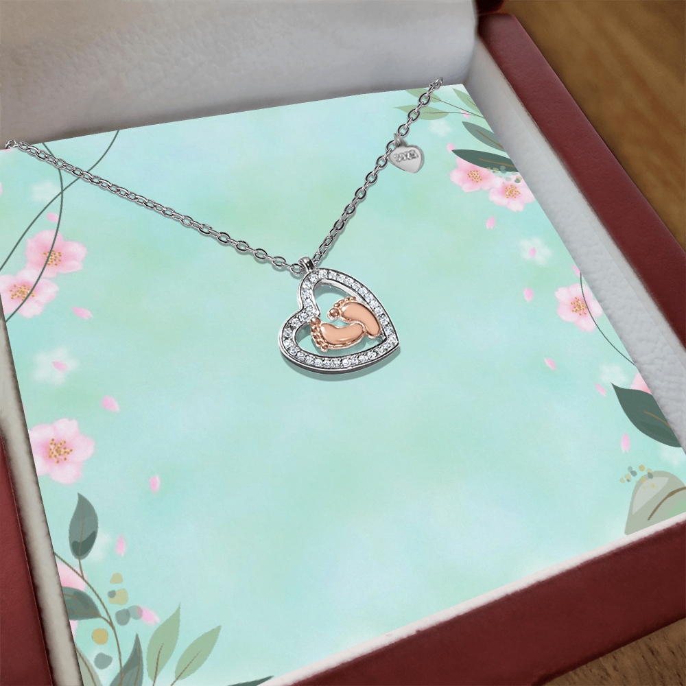 Baby Feet Heart Necklace – New Mom Keepsake with Sparkling CZ & Rose Gold Feet