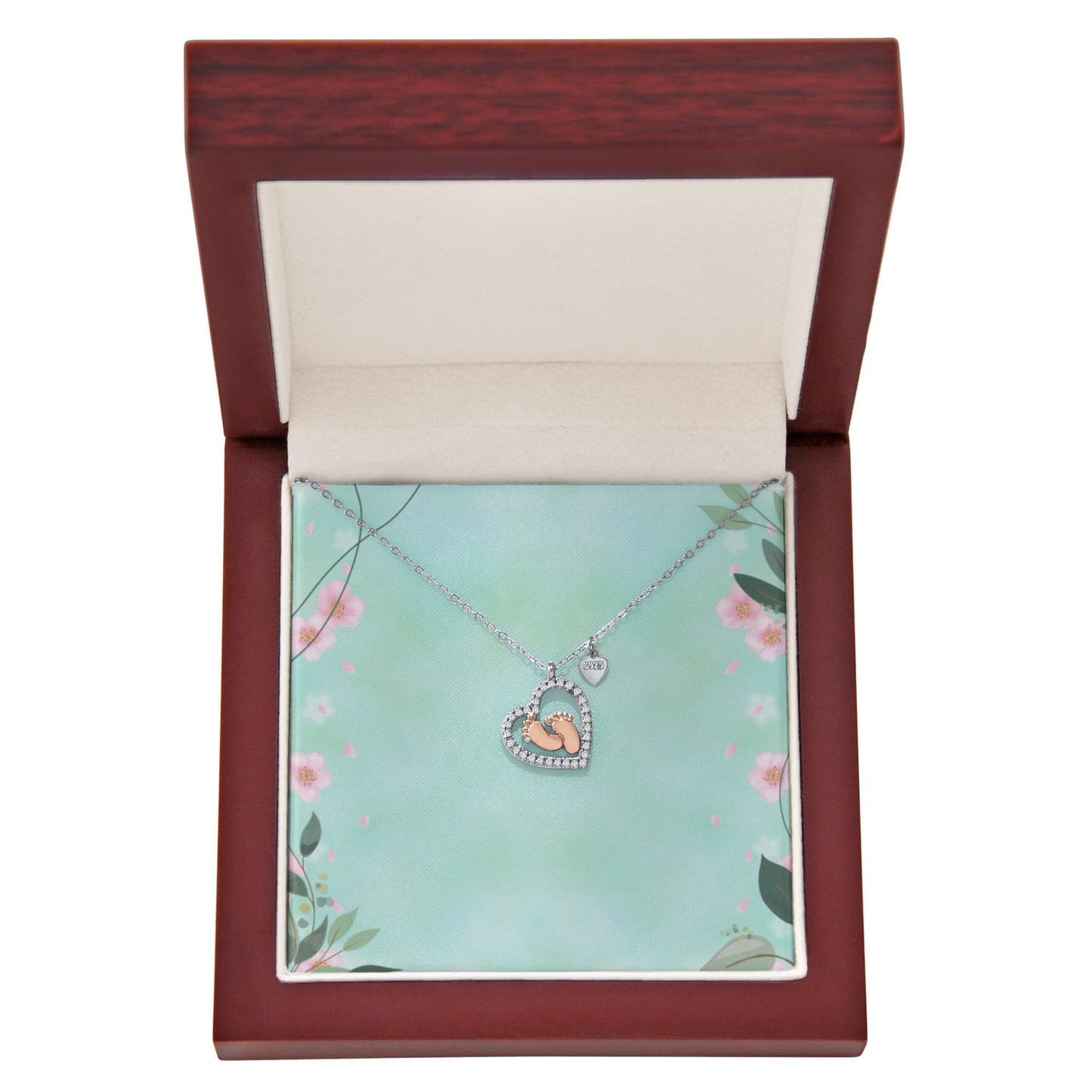 Baby Feet Heart Necklace – New Mom Keepsake with Sparkling CZ & Rose Gold Feet